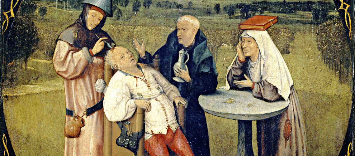Hyeronimus Bosch, `Extracción de la piedra de la locura´`De keisnijding´1480. Museo del Prado. Óleo (48 cm × 35 cm.)